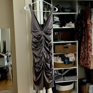 Nicole Miller Silver Satin Ruched Grey Evening Cocktail Dress Size 2